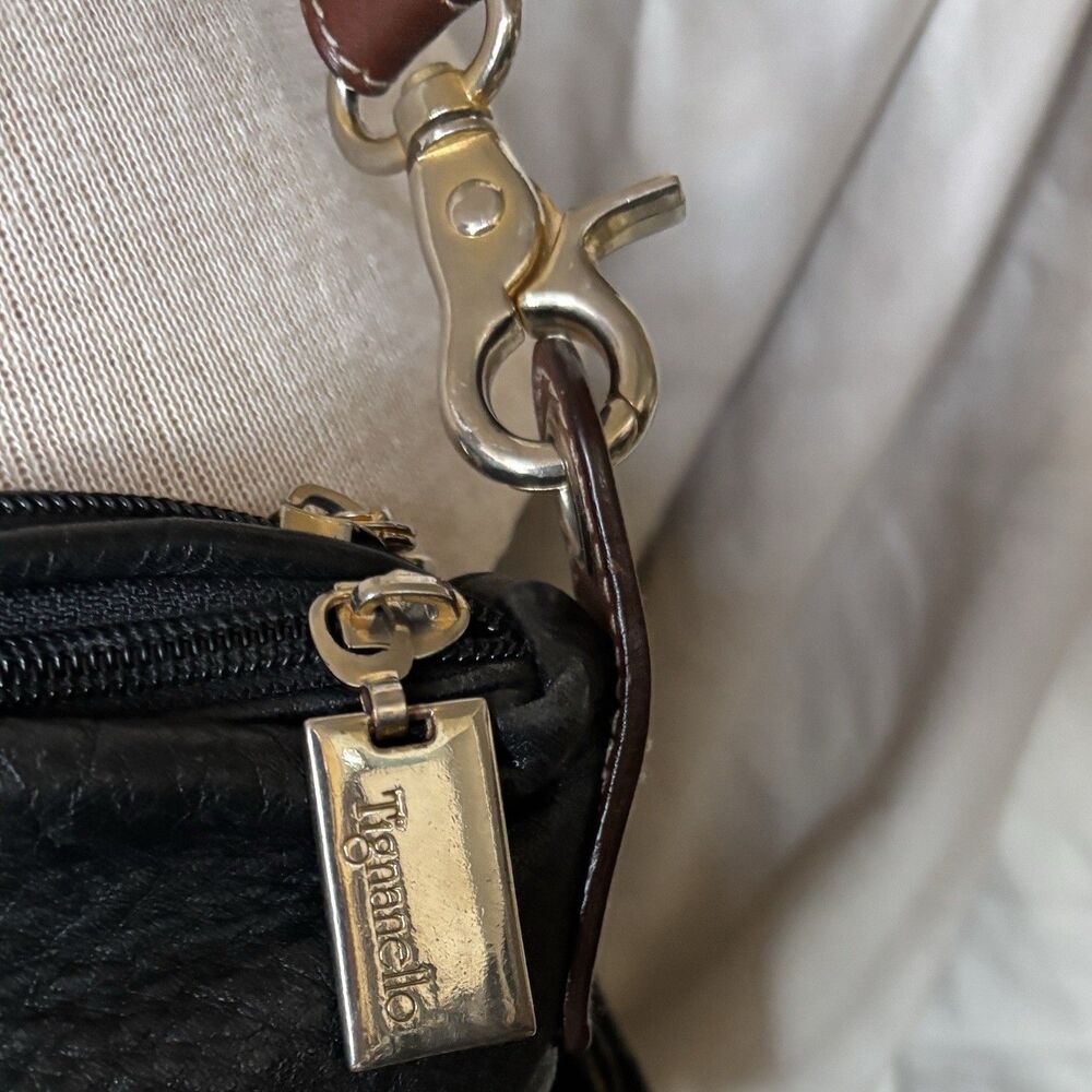 Tignanello Black Pebbled Leather Crossbody Bag Brown Trim Shoulder Purse. - Picture 4 of 11